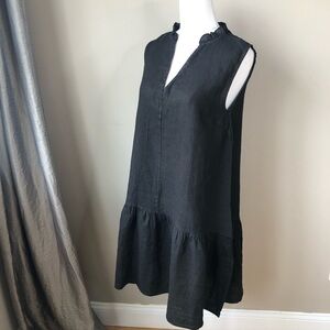 Linen Black Sleeveless V-Neck Ruffle Hem Mini Dress